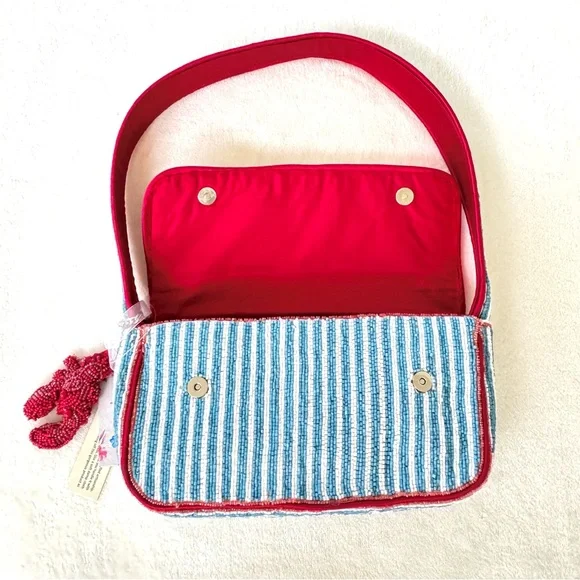Viral Beaded Light Blue & White Striped Lobster Bag w/ Beaded Lobster Bag Charm - Picture 12 of 15